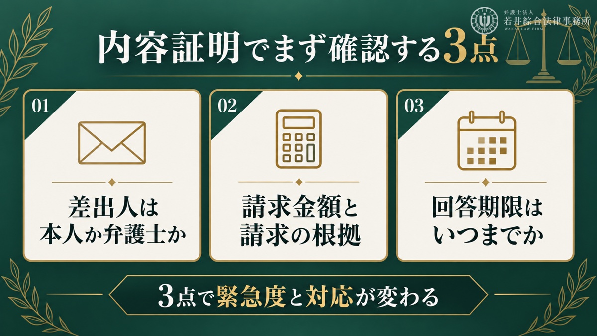 不倫慰謝料の内容証明が届いたらまず確認すべき3つのことを解説する図解