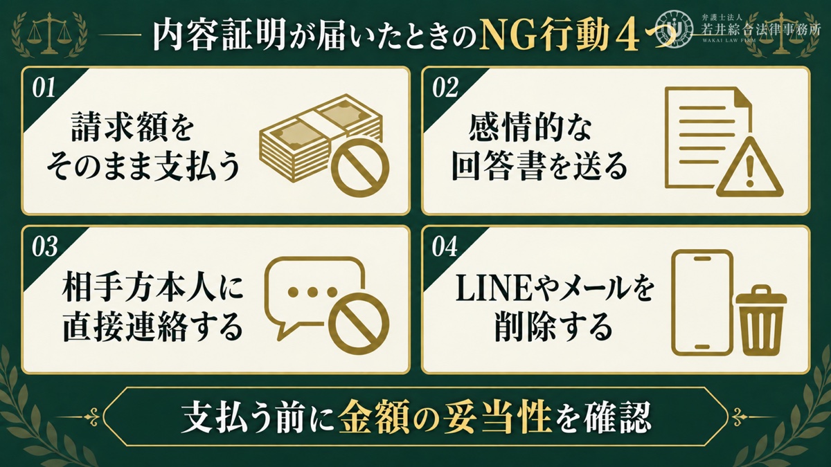 内容証明が届いたときにやってはいけないことを解説する図解