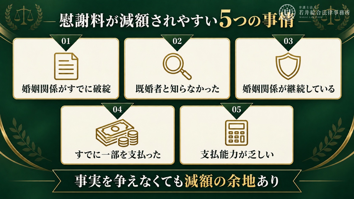 裁判で慰謝料が減額されやすい5つの事情を解説する図解