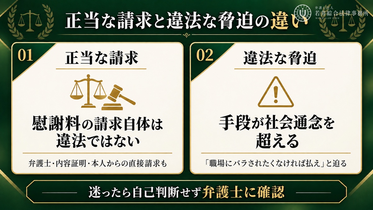 正当な慰謝料請求と違法な脅迫の違いを解説する図解