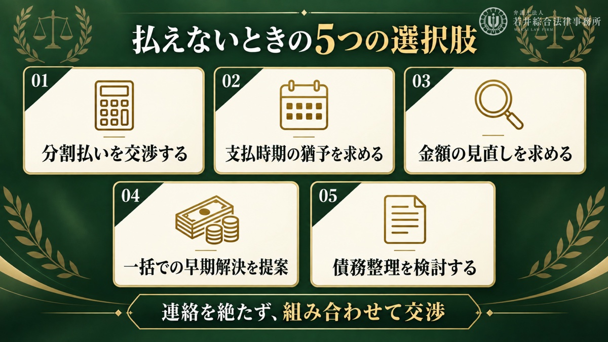 慰謝料が払えないときに取りうる5つの選択肢を解説する図解