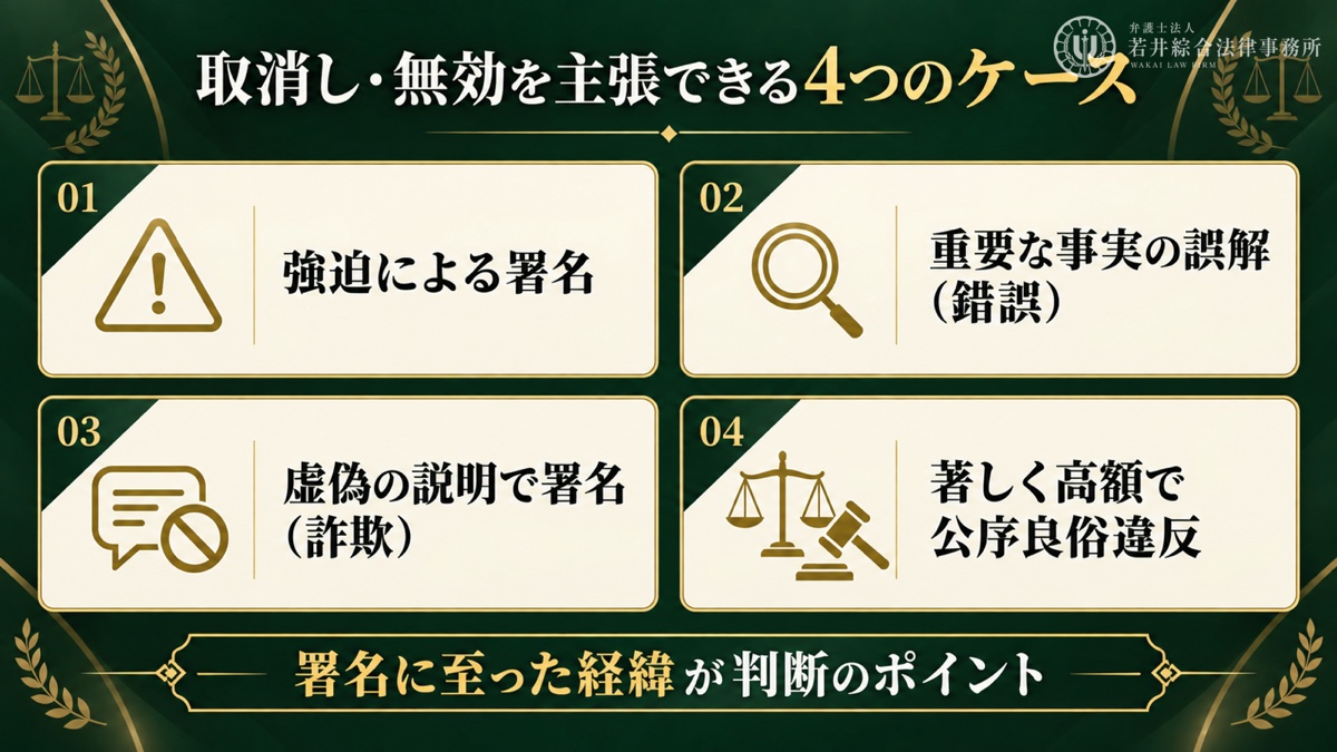 示談書の取消しを主張できる可能性があるケースを解説する図解