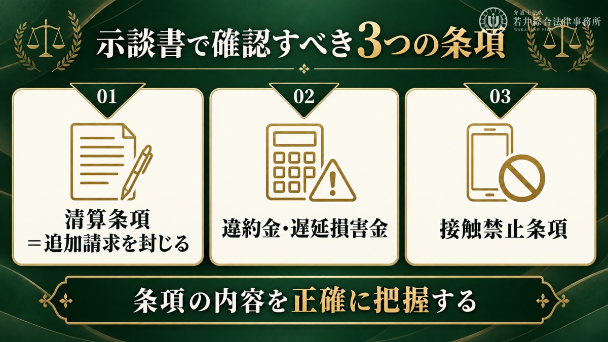 示談書に記載されがちな条項と注意点を解説する図解