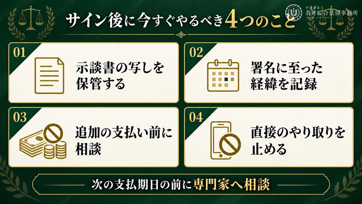 示談書にサインしてしまった後にやるべきことを解説する図解
