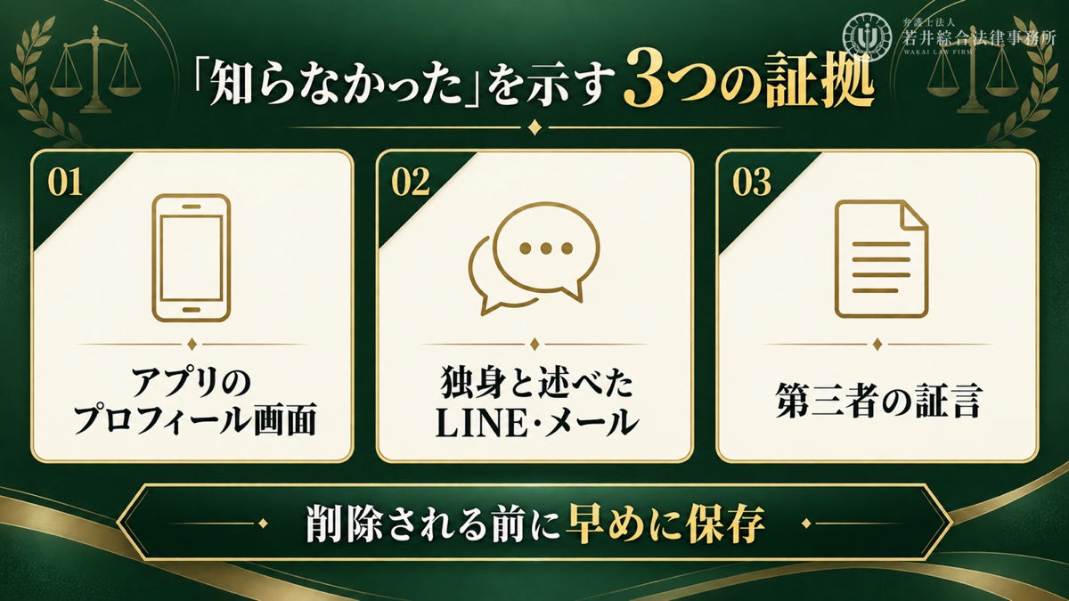 既婚者と知らなかったことを示す証拠を解説する図解