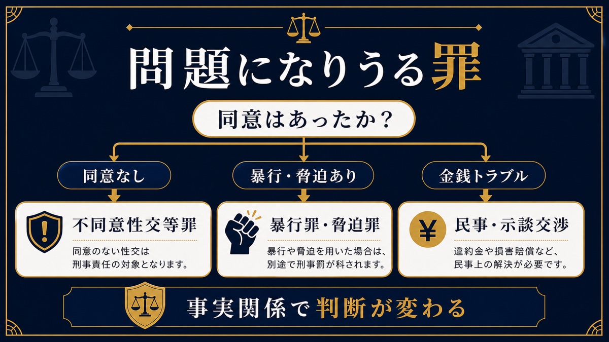 デリヘルでの本番行為により問われる可能性がある罪を整理した文字入り図解