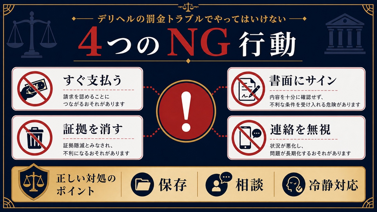 デリヘルの罰金トラブルでやってはいけない4つのNG行動を整理した文字入り図解