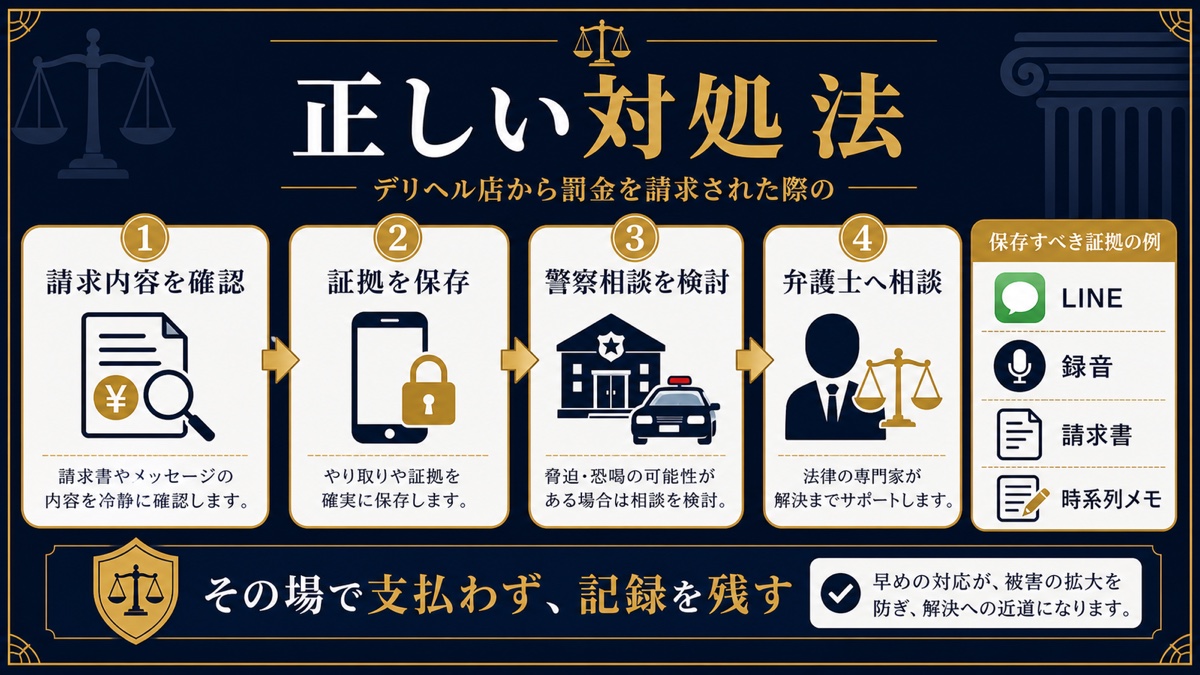 デリヘル店から罰金を請求された際の正しい対処法を整理した文字入り図解