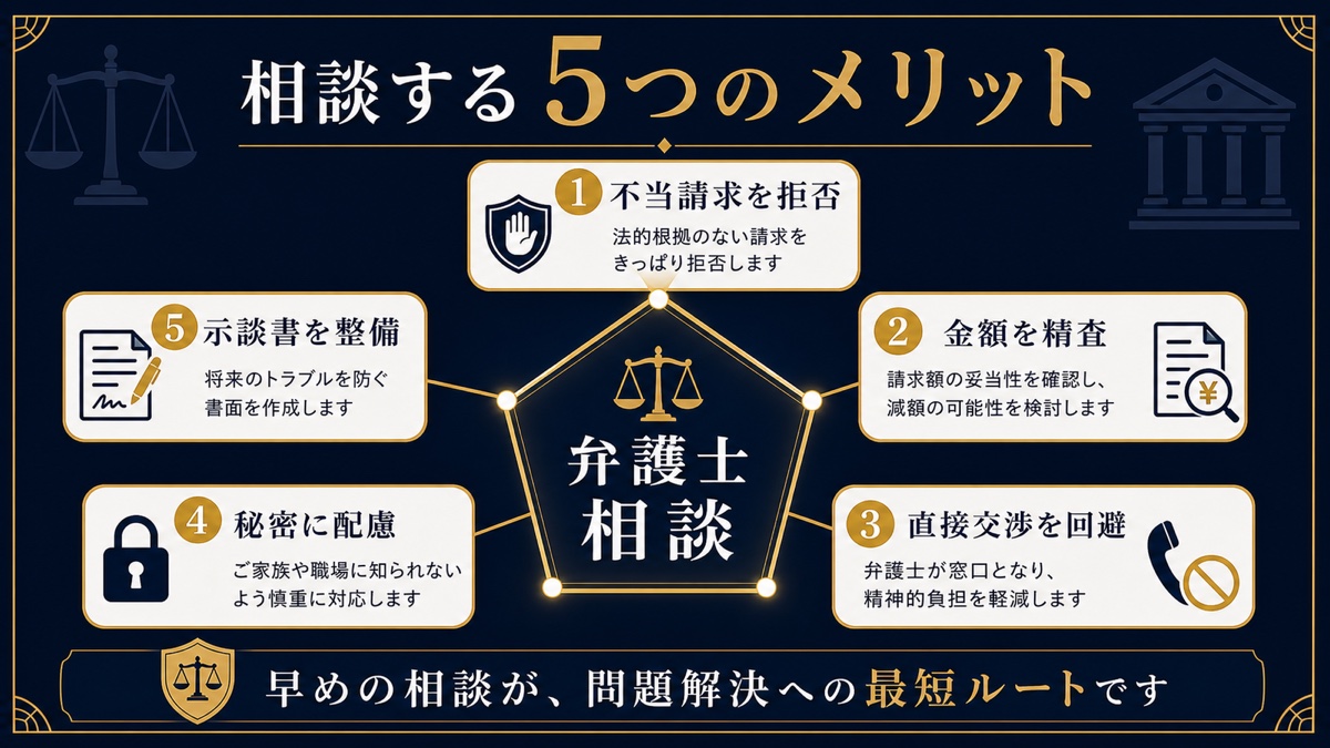 デリヘルの罰金請求を弁護士に相談する5つのメリットを整理した文字入り図解