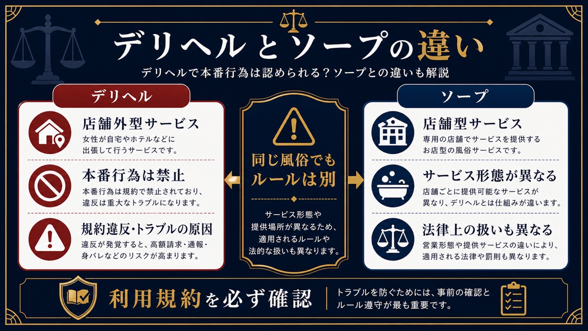 デリヘルで本番行為は認められる?ソープとの違いも解説を解説する図解