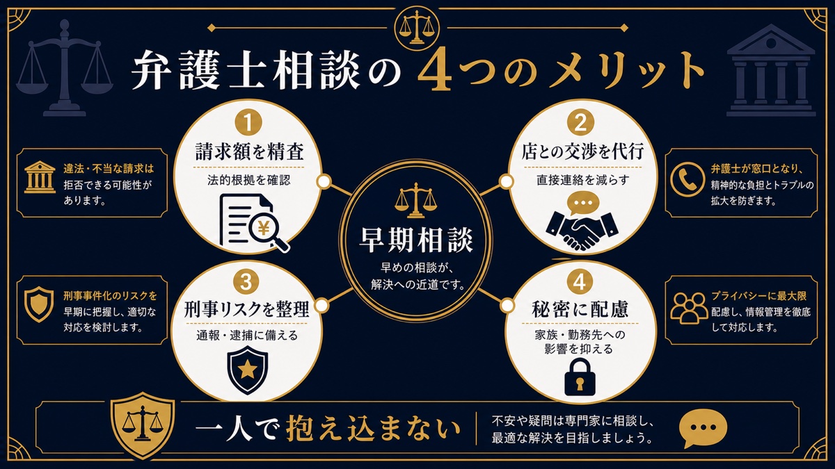 本番行為の罰金トラブルを弁護士に相談する4つのメリットを解説する図解