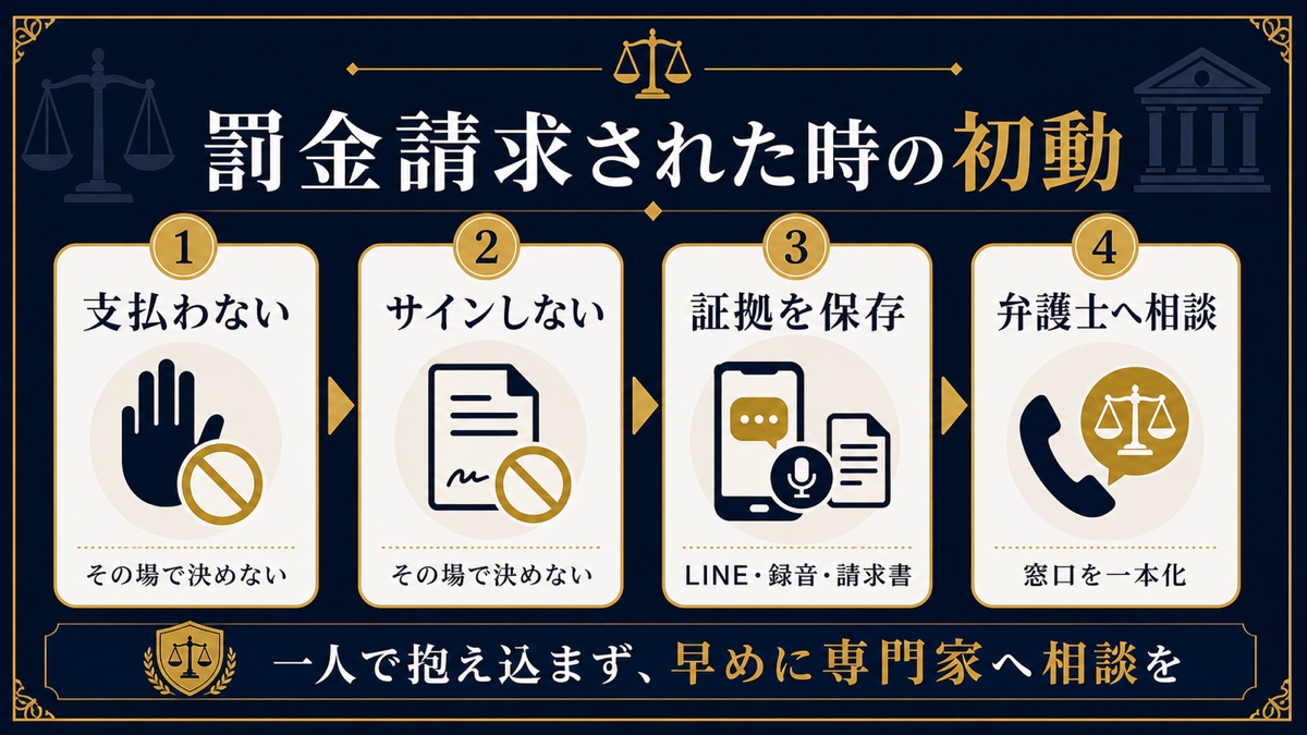 デリヘル店から罰金請求された場合にまず取るべき対応を整理した文字入り図解