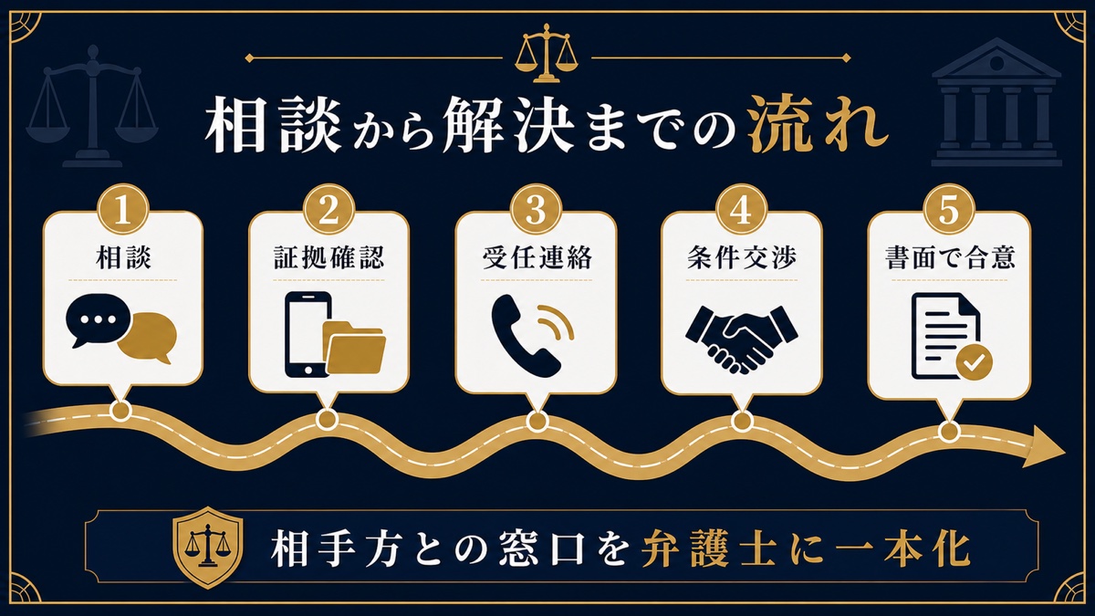 弁護士に相談して解決するまでの一般的な流れを整理した文字入り図解