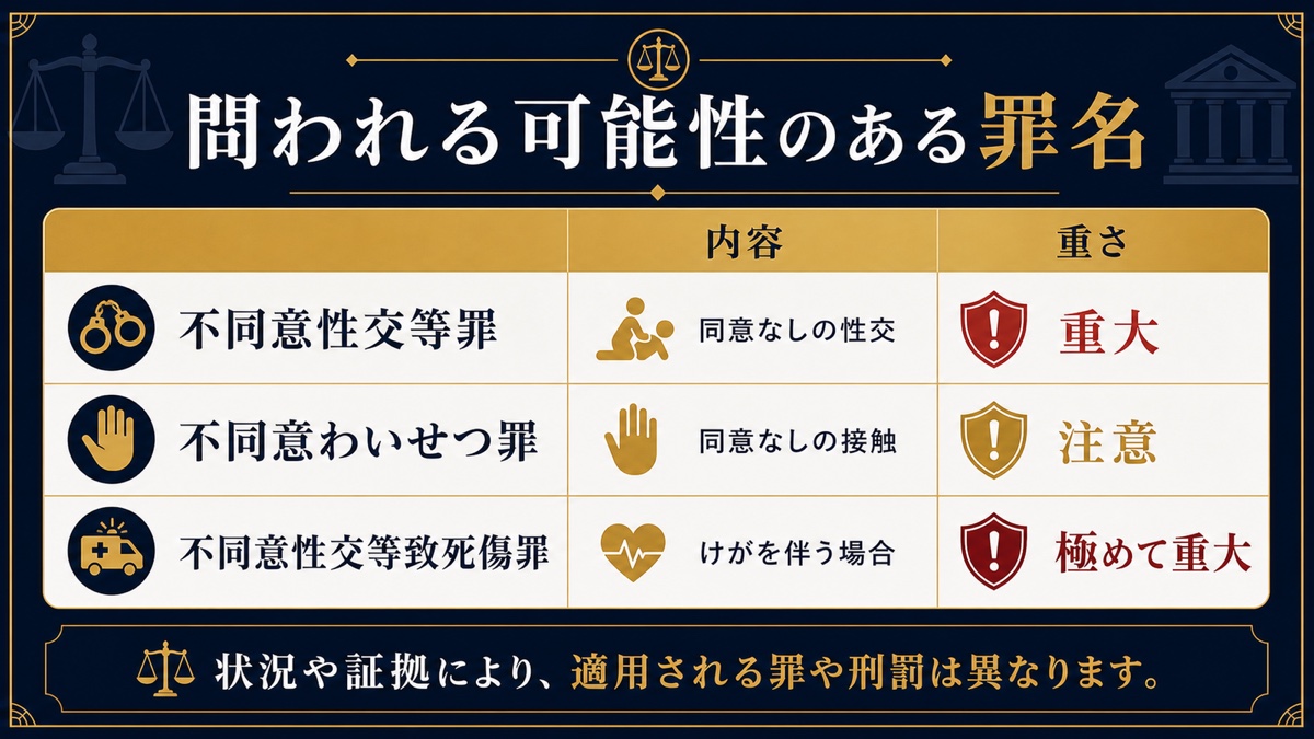 本番強要で問われる可能性のある罪名と刑罰を整理した文字入り図解