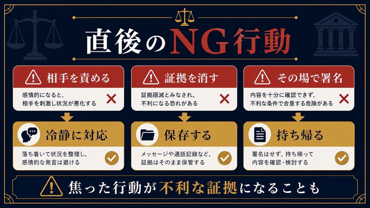 本番強要と言われた直後にやってはいけないNG行動を整理した文字入り図解