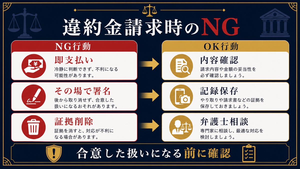 デリヘル店から違約金を請求されたときのNG行動を整理した文字入り図解
