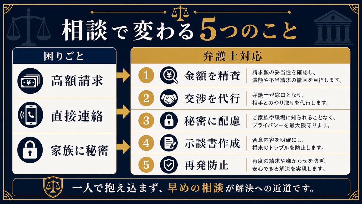 デリヘルの違約金トラブルを弁護士に相談する5つのメリットを整理した文字入り図解