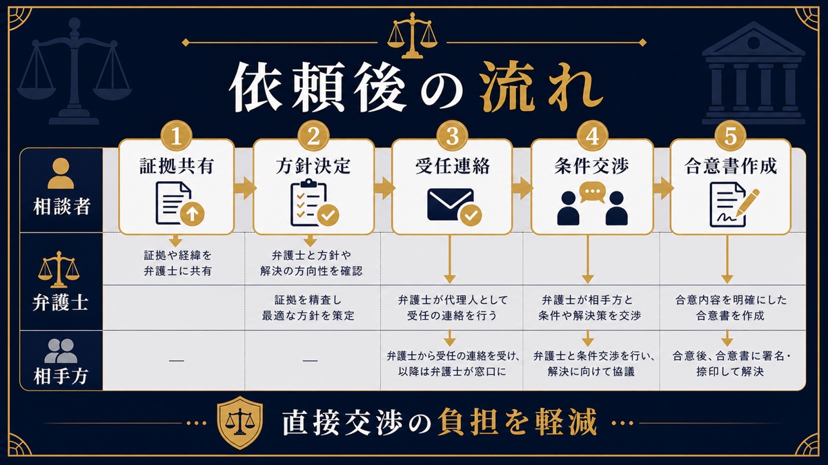 弁護士に違約金トラブルの解決を依頼した際の流れを整理した文字入り図解