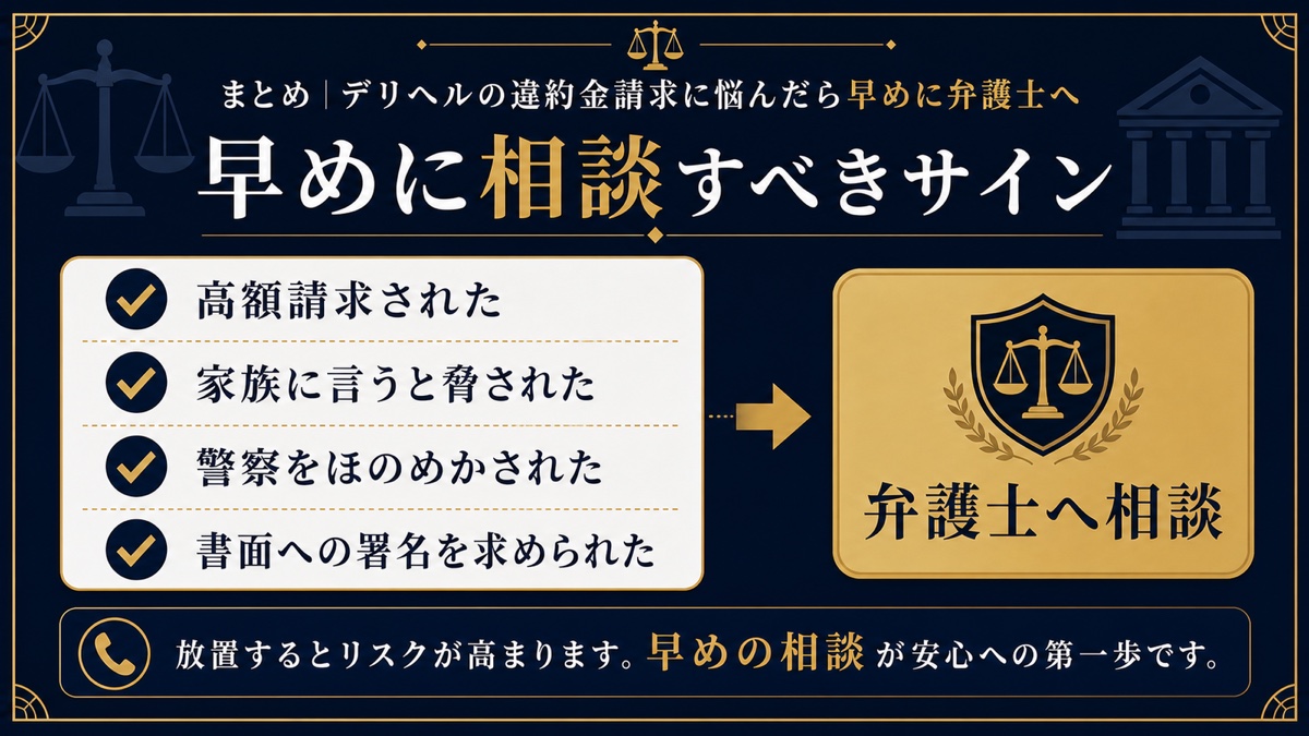 まとめ|デリヘルの違約金請求に悩んだら早めに弁護士へを整理した文字入り図解