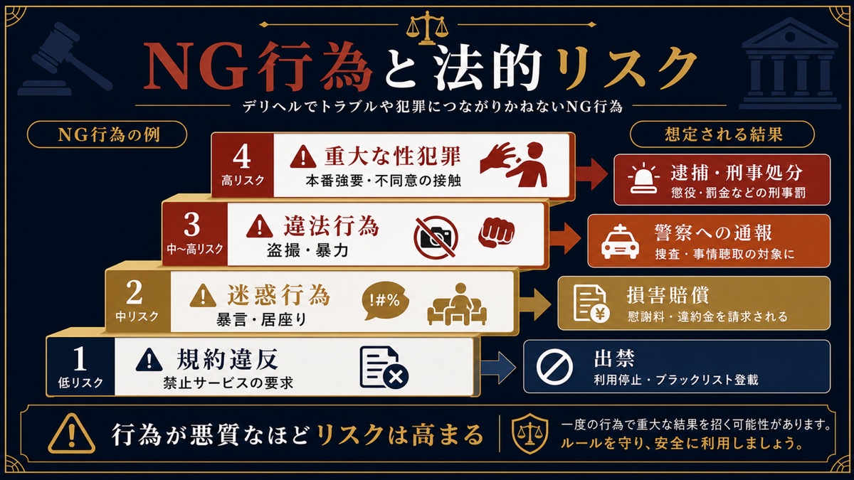 デリヘルでトラブルや犯罪につながりかねないNG行為を解説する図解