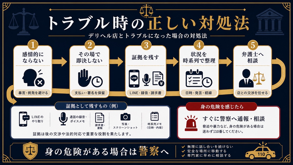 デリヘル店とトラブルになった場合の対処法を解説する図解