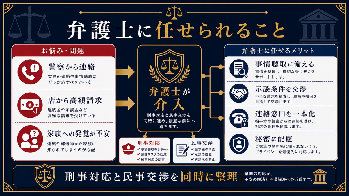 警察対応と示談交渉を弁護士に任せるメリットを解説する図解