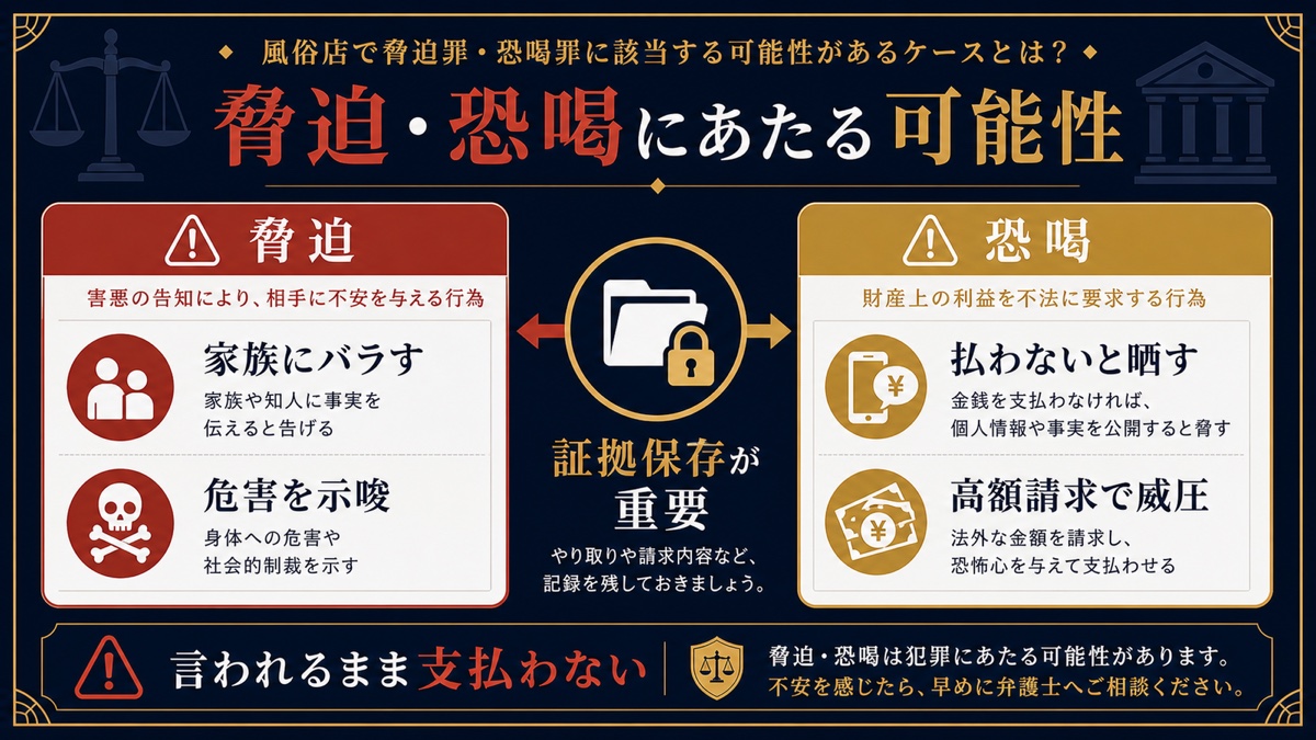 風俗店で脅迫罪・恐喝罪に該当する可能性があるケースとは?を整理した文字入り図解