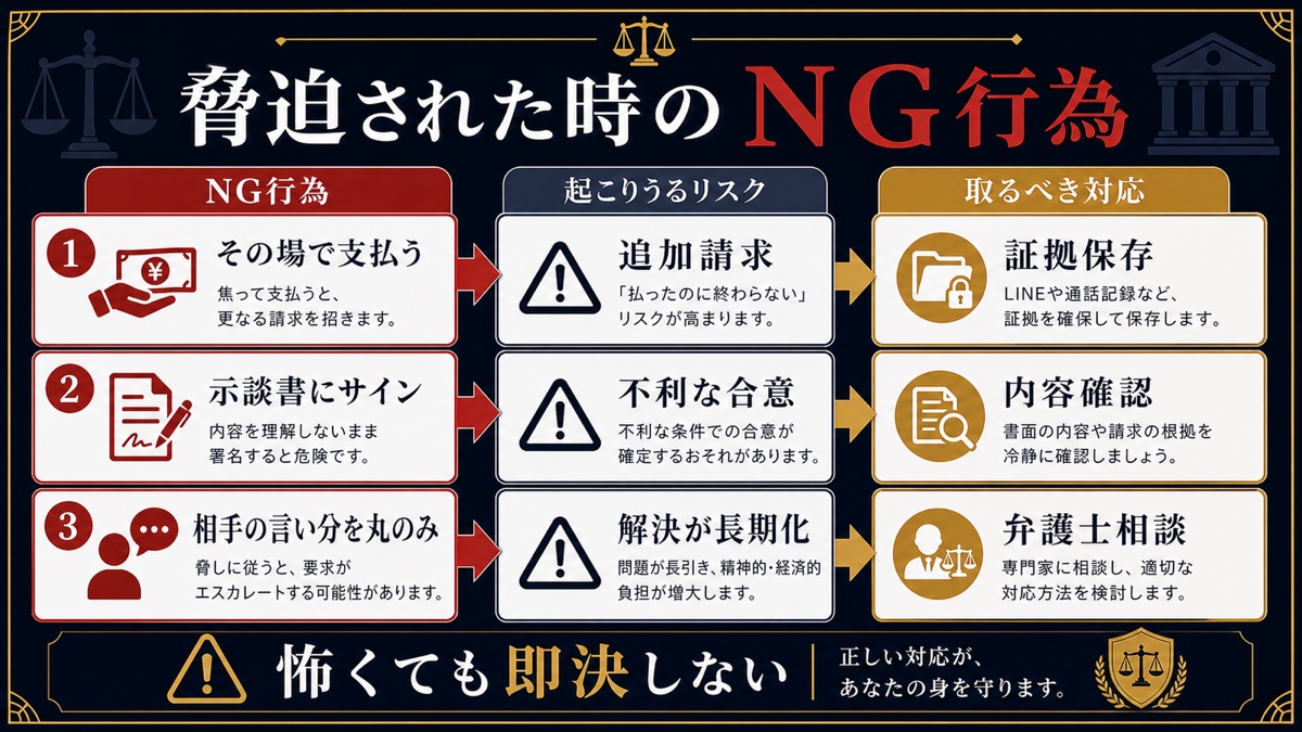風俗店から脅迫や恐喝されたときの3つのNG行為を整理した文字入り図解
