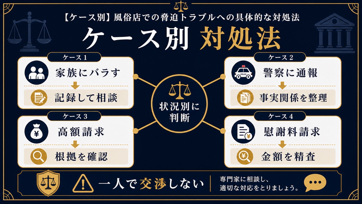 【ケース別】風俗店での脅迫トラブルへの具体的な対処法を整理した文字入り図解