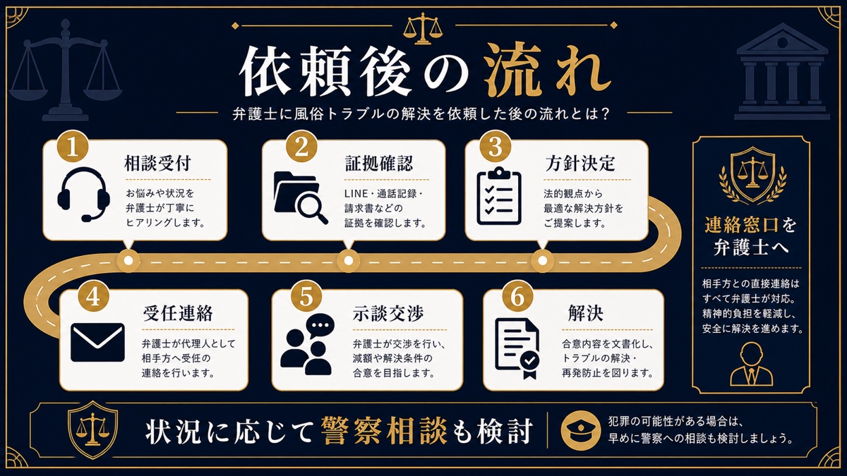 弁護士に風俗トラブルの解決を依頼した後の流れとは?を整理した文字入り図解
