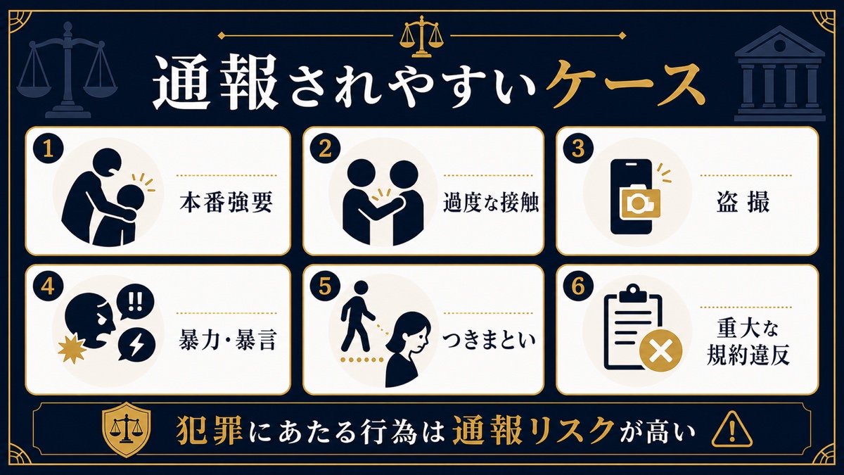 風俗店で警察に通報される代表的なケースを整理した文字入り図解