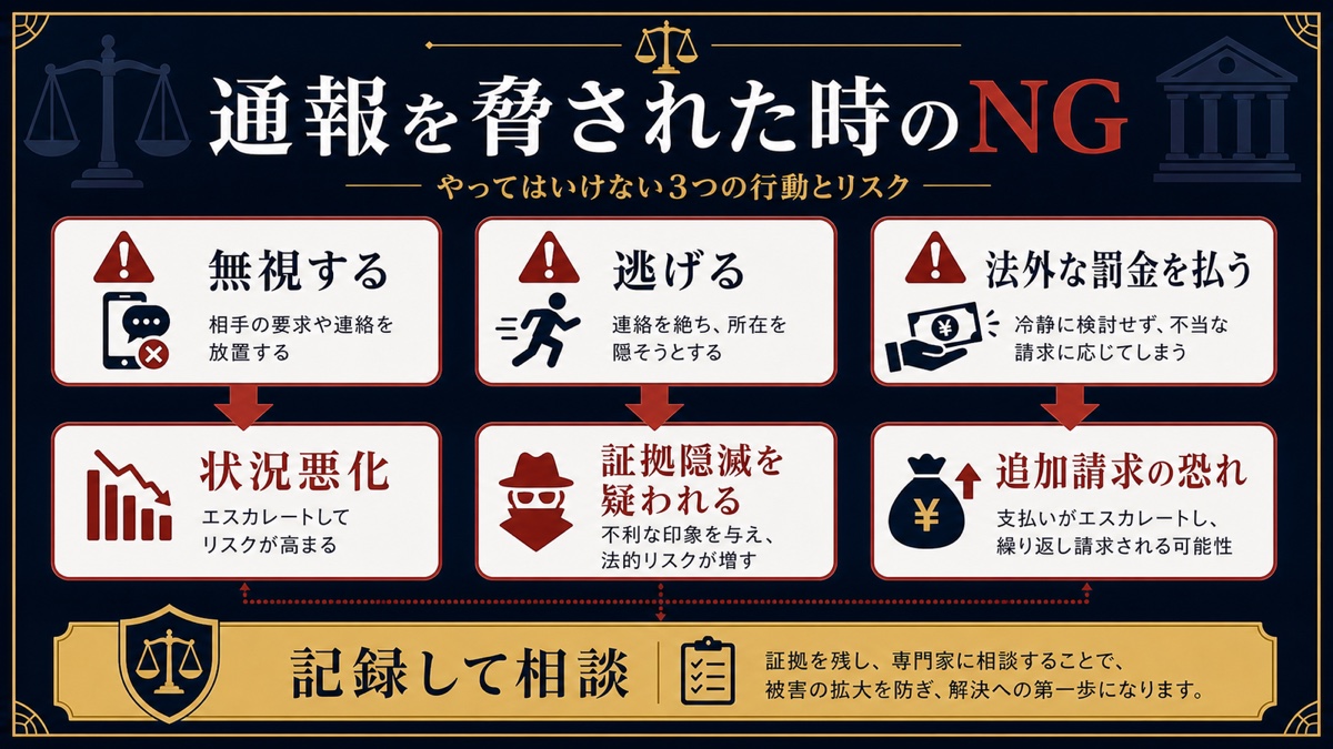 風俗店から通報すると脅されたときの3つのNG行動を整理した文字入り図解